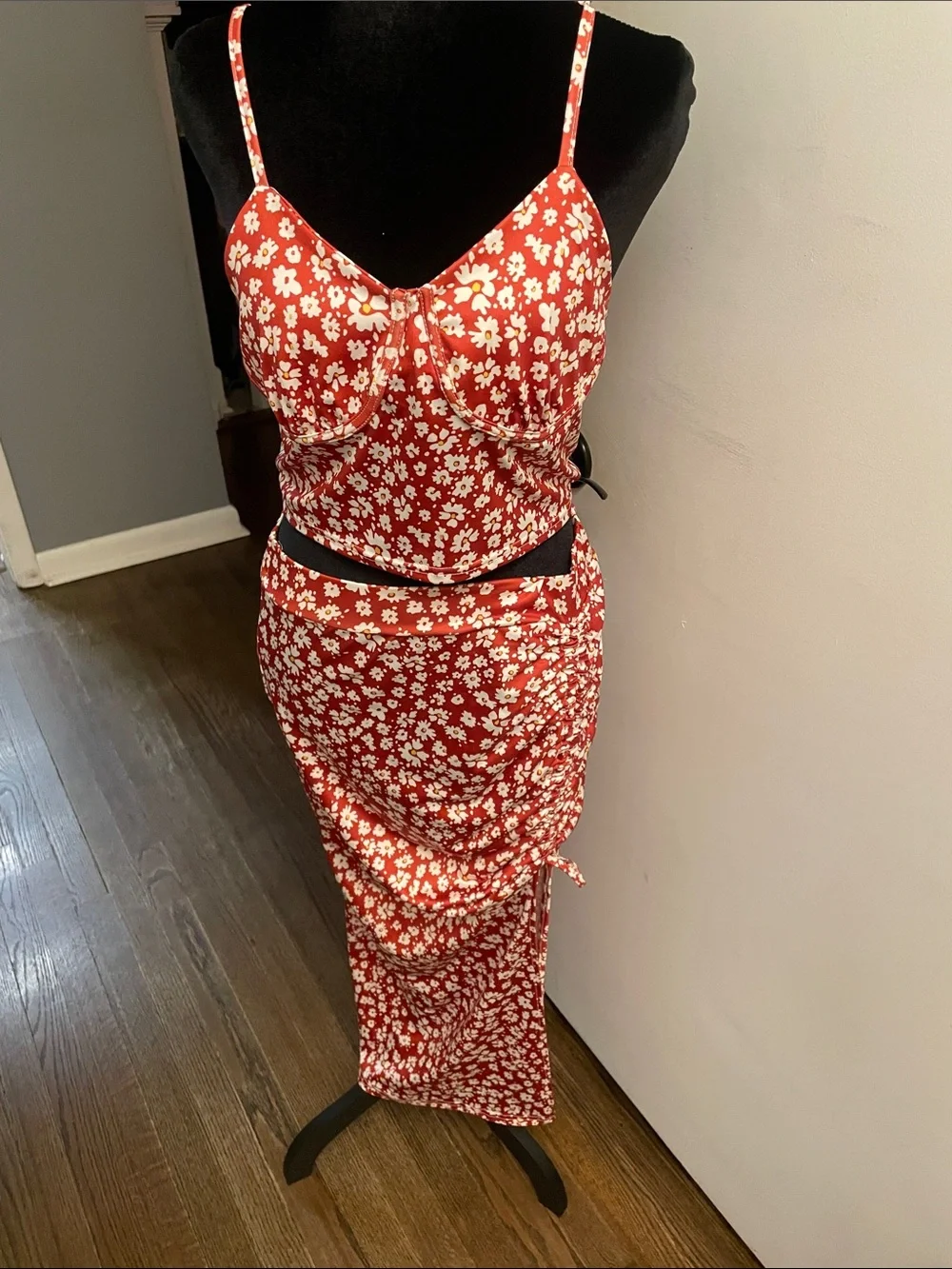 SHEIN Red Floral Tie-Side Midi Skirt